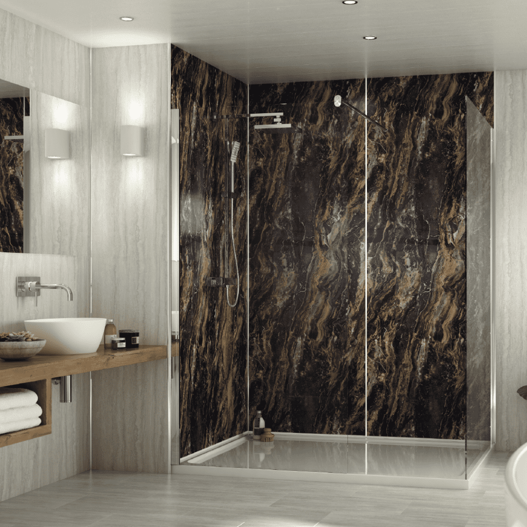 'Marbled Cappuccino' laminate shower panels Available from Rearo