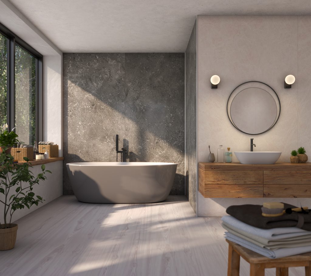 Cairn Stone & Ivory Sky shower wall panel bathtub in farmhouse style bathroom