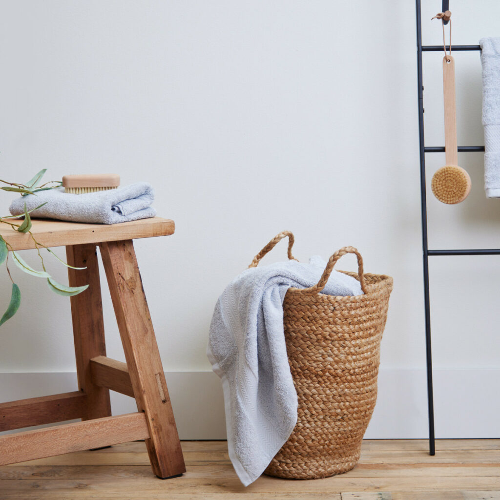 Woven basket in modern bathroom