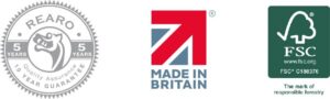 Three certification logos: Rearo 5-year guarantee seal, Made in Britain flag emblem, and FSC responsible forestry mark