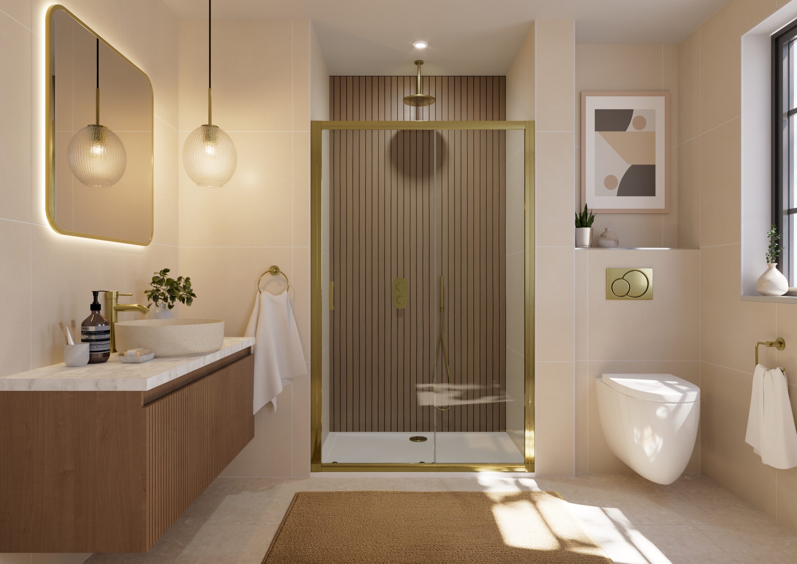 Lyngdal Creme Vanilla 60 x 60cm tile effect wall panel roomset