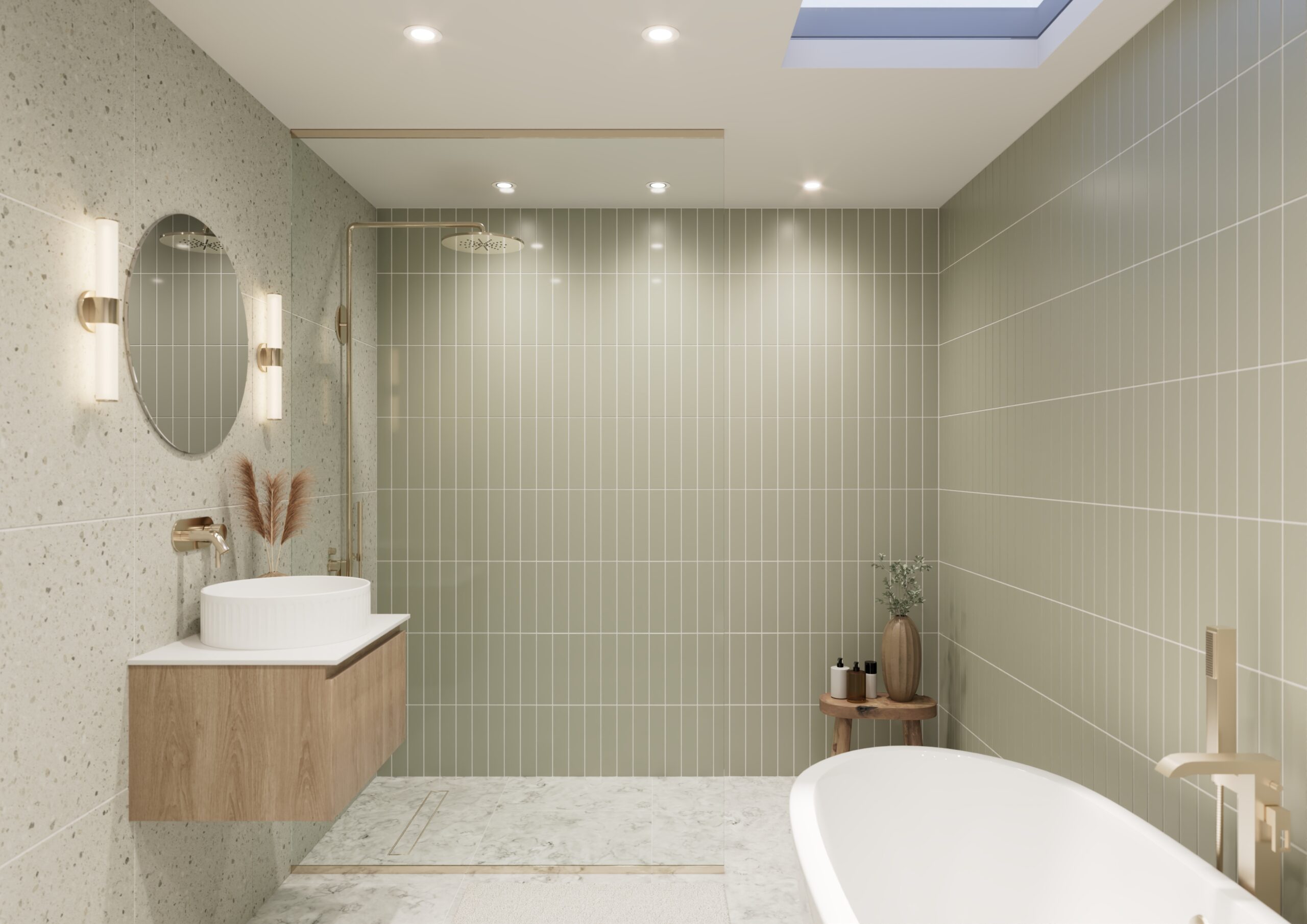 Lyngdal moss green moroccan tile effect bathroom wall panel roomset