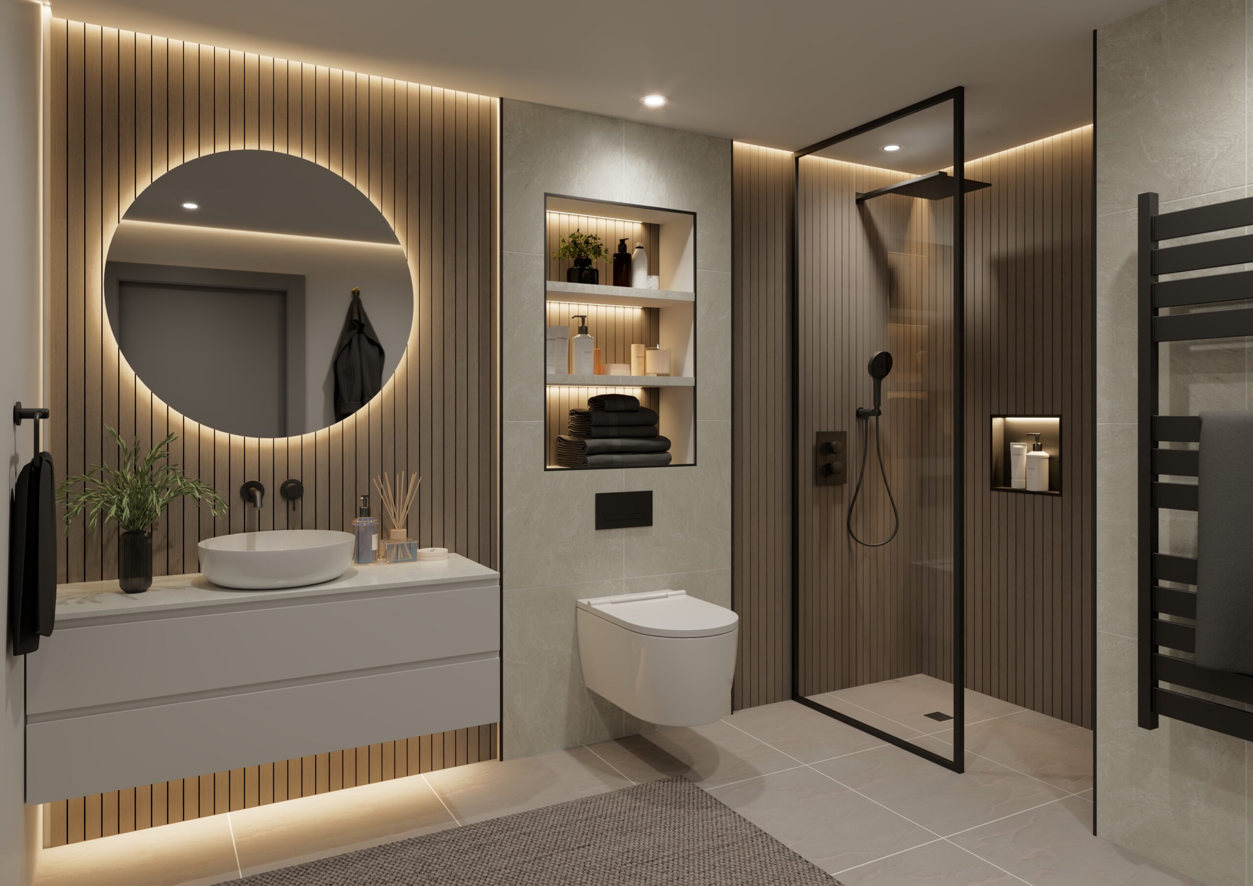 Lyngdal Eden Oak acoustic effect and tind tile effect bathroom wall panel roomset
