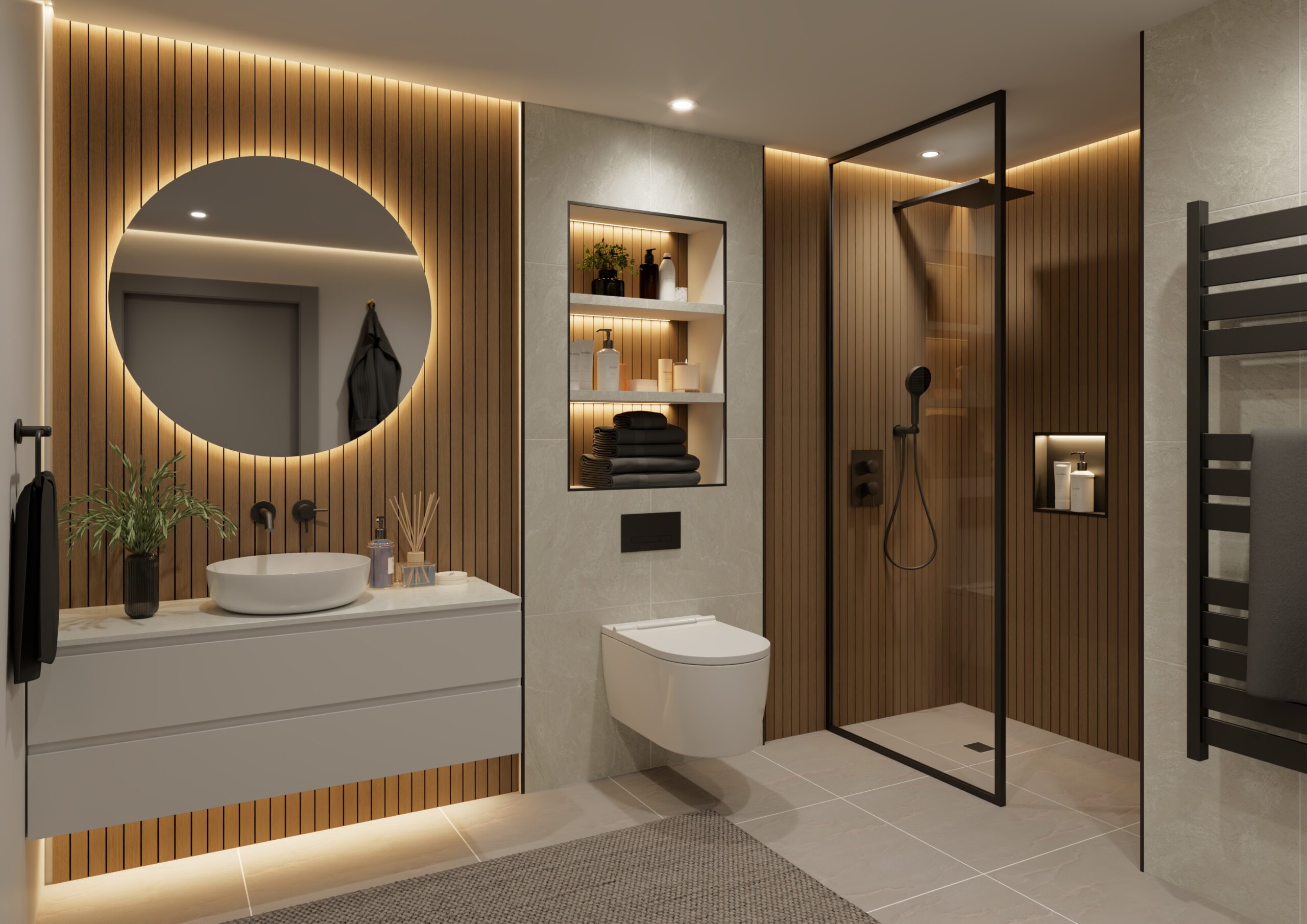 Lyngdal Eden Oak acoustic effect and tind tile effect bathroom wall panel roomset